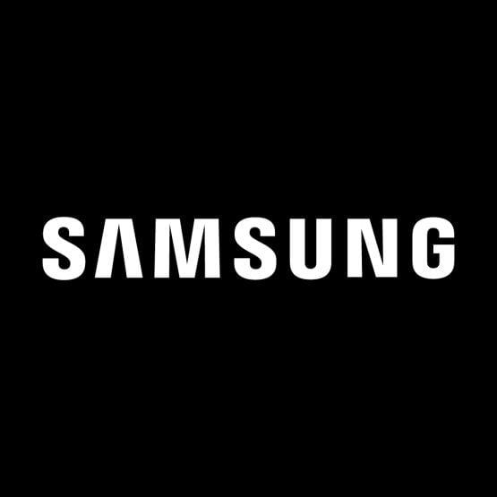 Samsung logo in white on a black background