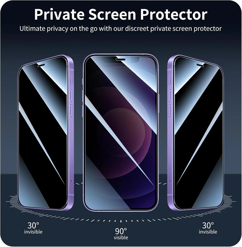 Three smartphone screens with private screen protector showing different angles and visibility levels.