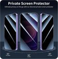 Three smartphone screens with private screen protector showing different angles and visibility levels.
