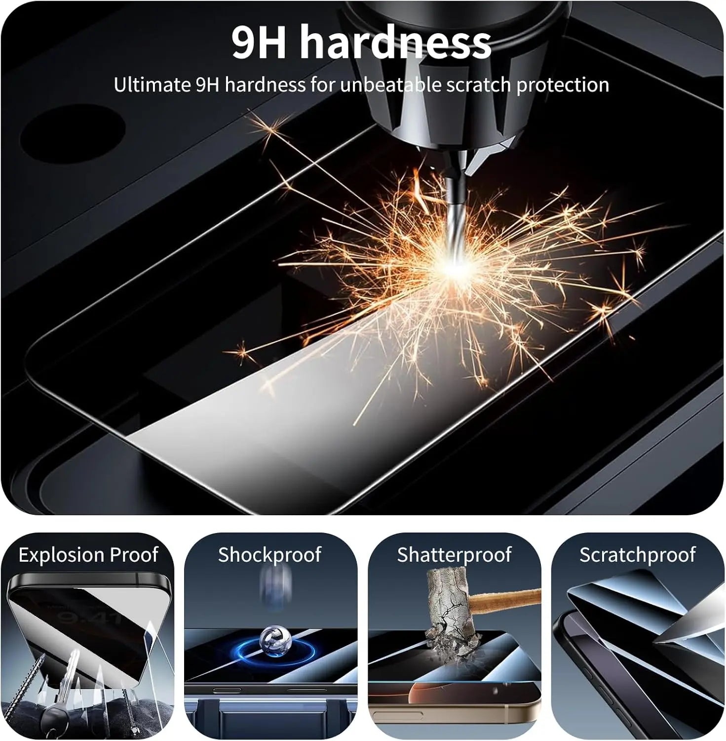 Glass screen protector with 9H hardness feature, showing impact resistance and protection against explosions, shocks, and shattering.
