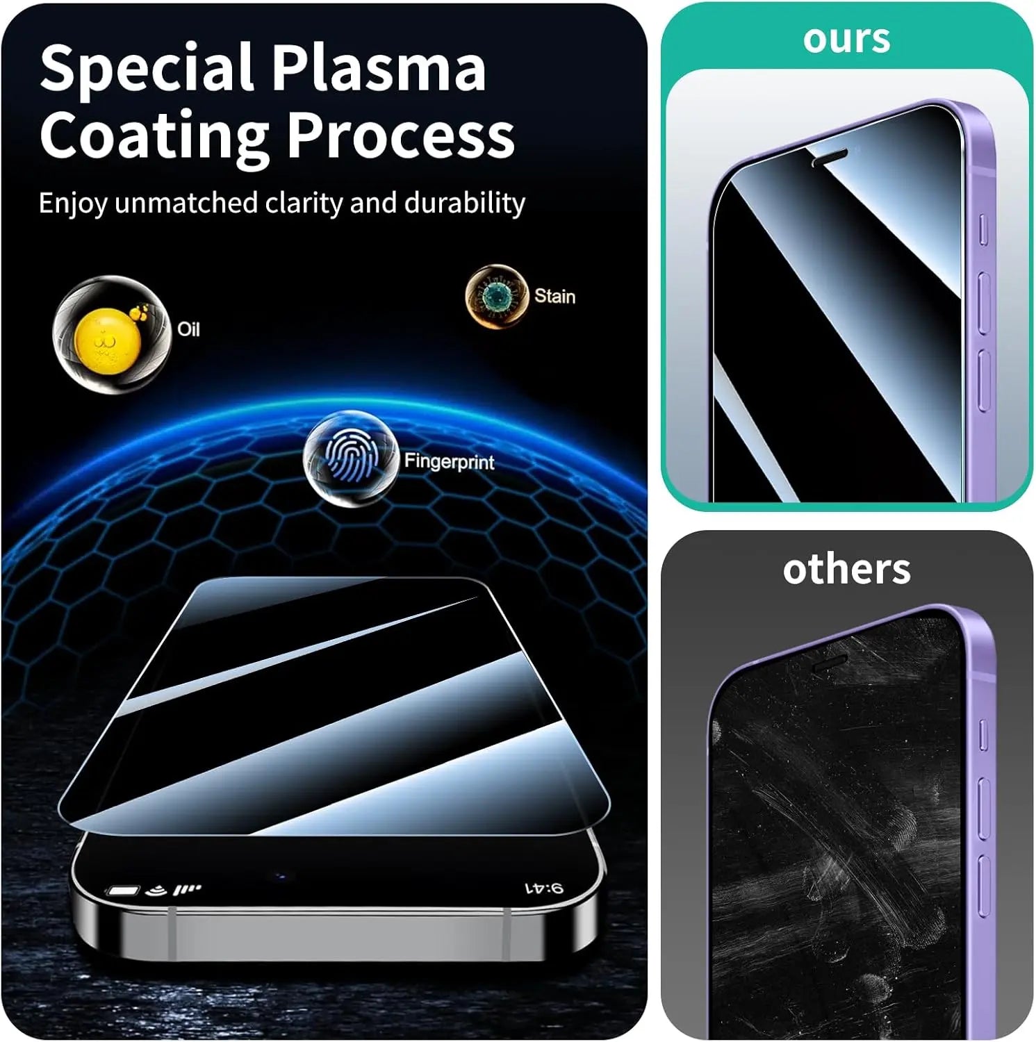 Advertisement for a special plasma coating process on a smartphone screen protector, showing clarity and durability.